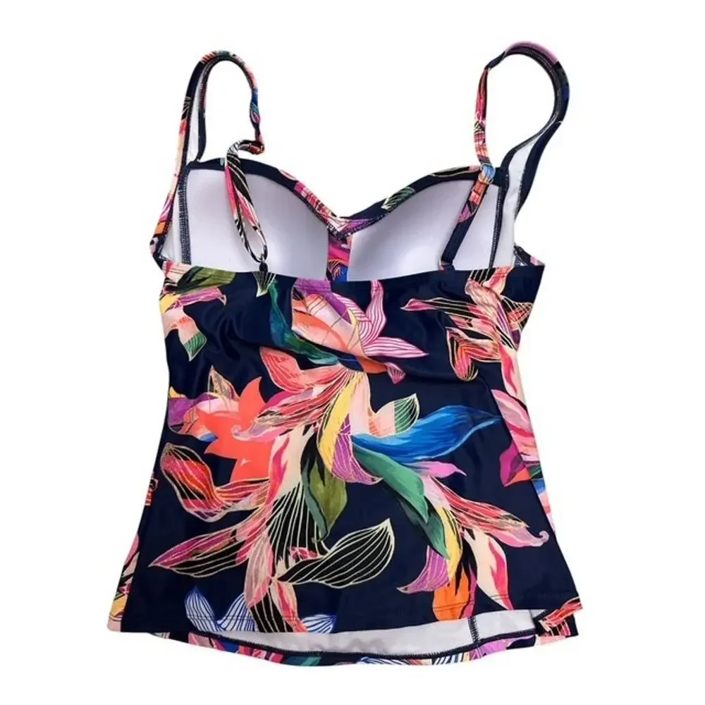 Liz Claiborne Tankini Swim Top sz 10 Navy Blue Floral Paradise Beach Molded Cups - Picture 3 of 4